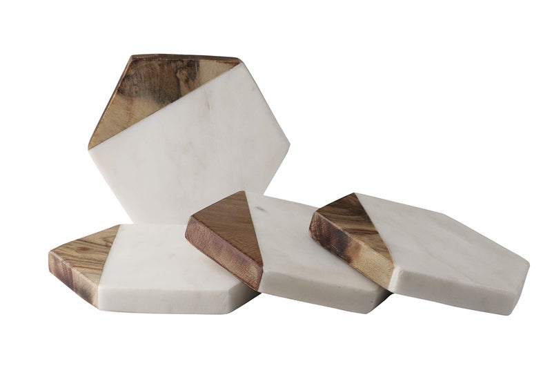 GoCraft Marble & Mango Wood Coasters - Set of 4 Handcrafted Geometric White Marble Coasters for Drinks, Wine Glasses, Beverages, Cocktails & Bar Glassware, Elegant Home Decor & Bar Accessories - Image 1